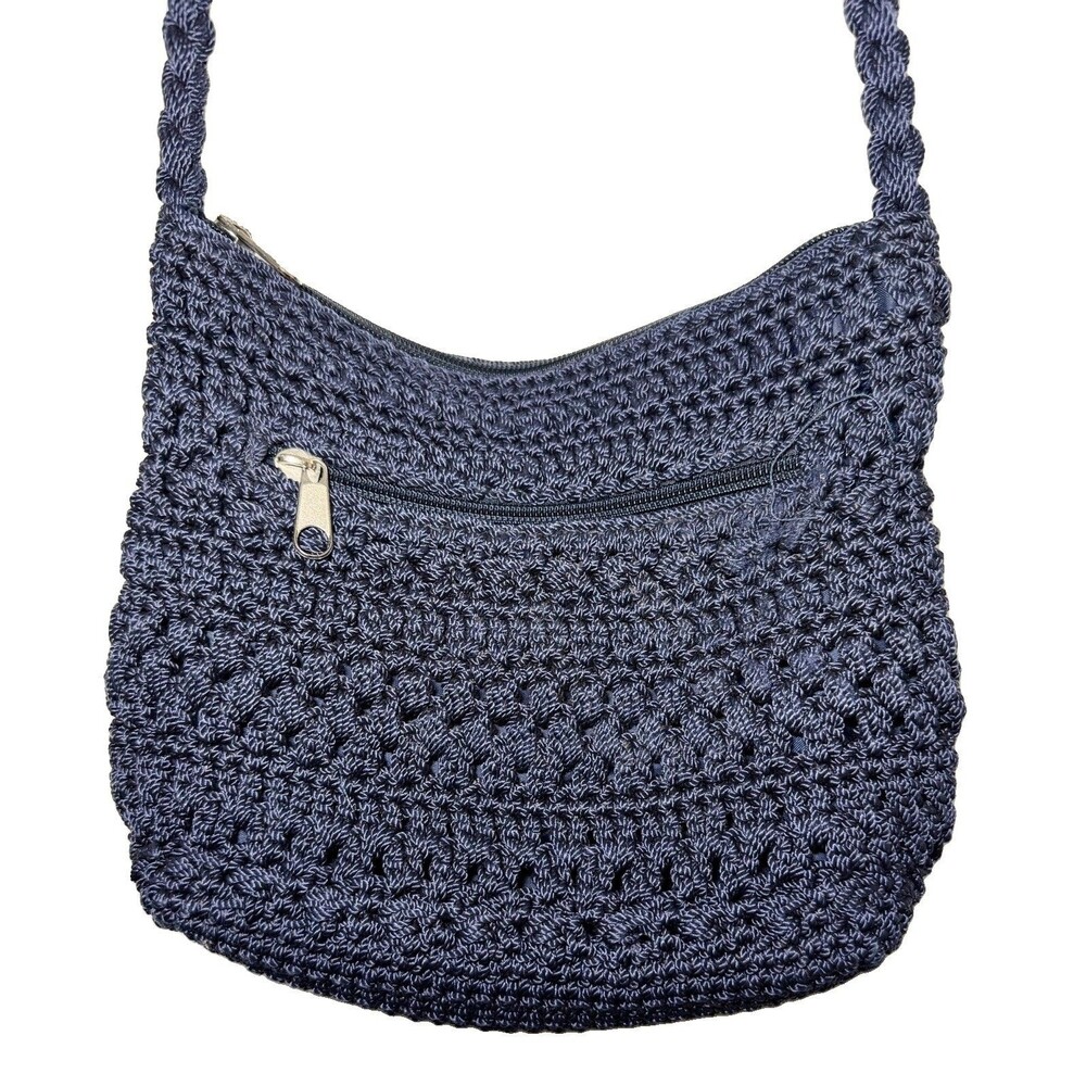Lina Navy Blue Crochet Shoulder Bag Macrame Knit Zip Top Y2K Boho Purse